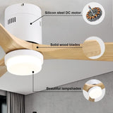 52 Inch Wooden Ceiling Fan With 18W Led Light 3 Solid Wood Blades Remote Control Reversible DC Motor W882P293457