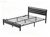 Queen Size Metal Wood Platform Bed Frame, 3-Panel Black Wood Grain Headboard with LED Light & 37766245