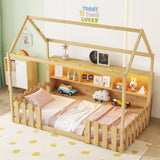 Twin Size House Bed with LED Light, Wood House Bed with Storage Bookshelf, Floor House Bed with W2593P269092