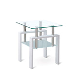 White Tempered Clear Glass End Table, 2-Layers Small Table with Storage, Living Room Side Table W1718P177829