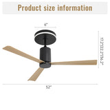 ZUN 52 Inch Modern Flush Mount Ceiling Fan with led light and Remote Control, 3 ABS Blades Noiseless W934P208511