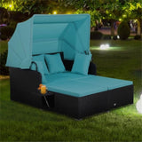 Turquoise Rattan Daybed Lounge W/ Retractable Top Canopy Side Tables Cushions 15499878