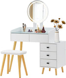 ZUN Dressing Table with LED Lights Glass Top Table with Extendable Side Table 5 Drawers W2139P193930