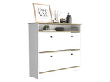 Shoe Rack 46" H, One Open Storage Shelf, Two Internal Storage Drawers, Two Doors, Light Oak / White B097133215
