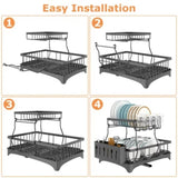 ZUN Dish Drying Rack with Drainboard Detachable 2-Tier Dish Rack Drainer Organizer Set with Utensil 18832093