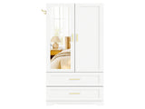 White Wardrobe Closet with Mirror Door, 2 Doors & 2 Drawers Storage Cabinet with LED Sensor Light, 36362195