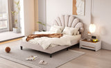Full Size Upholstered Platform Bed with Flower Pattern Velvet Headboard, Beige 70479085