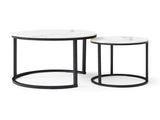 Set 2 Coffee Table Nesting White and gray top Black Frame Circular Round and Marble Pattern Wooden 68840643