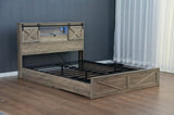 Farmhouse Bed Frame Queen Size with LED Lights and Charging Station, Wooden Queen Bed with 2 Storage W1670P255538