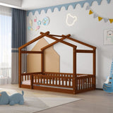 Twin Size Wood Bed House Bed Frame with Fence, for Kids, Teens, Girls, Boys, Walnut WF302176AAL