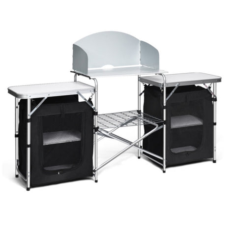 Foldable camping kitchen with 2-sided windshield pockets 88971357
