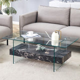 43.3 Inch Modern Two-Tier Coffee Table - Clear Tempered Glass and Black Marble Texture, W1151P232637