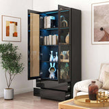 Display Cabinet with Glass Doors, Curio Storage Cabinet with 2-Drawer, Bookcase with LED Lights, W331P279829