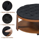 Modern Large Round Ottoman Coffee Table 2-Tier Oversized Button Tufted Ottoman with Wood Shelf N735P180224B