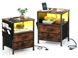 2pcs Nightstand with LED Lights & Charging Station, 2 Folding Fabric Drawers 08611489