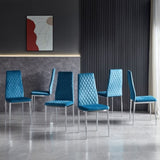 ZUN Light blue modern simple style dining chair fabric chrome metal pipe diamond grid pattern restaurant W29964282