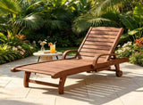 Reddish Brown 3-Position Reclining Outdoor Chaise Wooden Pool Lounge with Built-in Side Table & 28850754