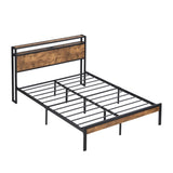 Full Size Metal Platform Bed Frame with Wooden Headboard and Footboard with USB LINER, No Box Spring W31183489
