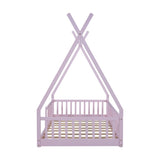 Twin Size Wood House Bed with Fence, Pink N709P183348H