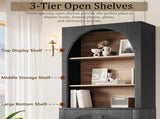 70.87" Black Bookcase, Modern Bookshelf with Large Storage Cabinet, Open Display Shelves and Arched N751P488908B