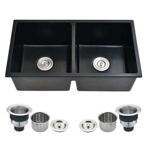 ZUN 33" L X 18" W Double Bowl Undermount Kitchen Sink With Basket Strainer JYGAD6688MB