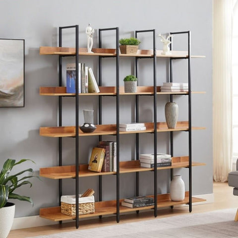 ZUN 5 Tier Bookcase Home Office Open Bookshelf, Vintage Industrial Style Shelf, MDF Board, Black Metal 95004951