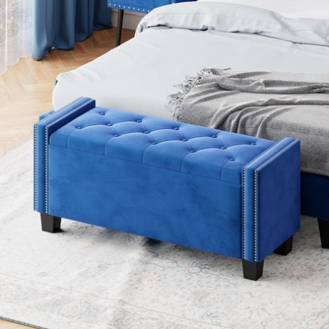 ZUN Upholstered Velvet Storage Ottoman Bench for Bedroom, End of Bed Bench with Rivet Design, Tufted WF322807AAC