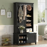 ZUN Multifunctional Hall Tree with Sliding Doors, Wooden Hallway Shoe Cabinet with Storage Bench and 46580291