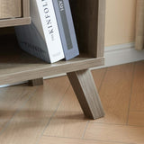 Compact display storage sideboard bookcase cabinet two door four open shelves metal knobs wooden B107P320791