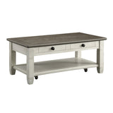 Rosy Brown and Antique White Finish 1pc Cocktail Table with Casters 2 Drawers Bottom Shelf Wooden B011P175703