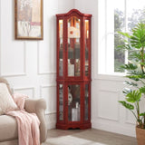 Lighted Corner Curio Cabinet with Tempered Glass Doors & Shelves - Elegant Cherry Display Case with W1758P294650