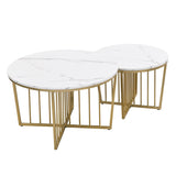 ZUN Modern Round Nesting Coffee Table Set 2-Piece White & Marbling Top Gold Base 38061972