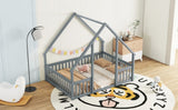Full Wood House-Shaped Floor Bed with Fence, Guardrails,Grey W504P143293