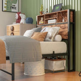 Twin Size Bed Frame with Storage Headboard, Metal Platform Bed with Charging Station, Bookcase W840P192226