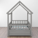 Twin Size Floor Wooden Bed with House Roof Frame, Fence Guardrails,Grey W1858123985
