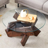 ZUN Round glass coffee table, 33.4" modern design unique coffee table. Tempered glass top with Walnut W1151P230572