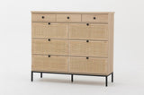 ZUN Rattan 9 Drawer Dresser for Bedroom, 60 Inch Wide Rustic wood Dresser TV Stand, Dresser Chest of W295P210272