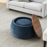 Round Storage Ottoman, 2 in 1 Function, Work as End table and Ottoman,with small seat,Dark W487P165698
