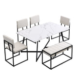 ZUN Modern Faux Marble 6-Piece Dining Table Set,60inch Metal Kitchen Table Set with Upholstered Dining 03612036