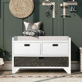 ZUN Storage Bench with Removable Basket and 2 Drawers, Fully Assembled Shoe Bench with Removable Cushion 21731624