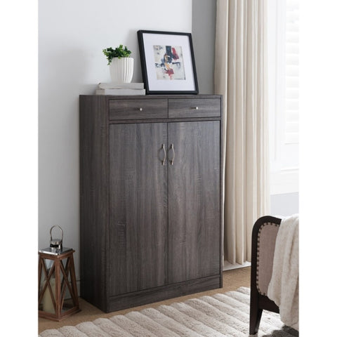 ZUN Shoe Cabinet, Two Door Storage Cabinet with Two Drawers, fits 15 Pair of Shoes- Distressed Grey B107130828
