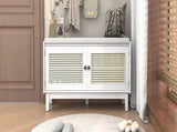 TREXM Boho Rattan Entryway Bench with Storage, Cushioned Shoe Bench with Double Doors, Wooden Shoe N715P308012K