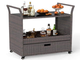 Handwoven PE Rattan Outdoor Bar with Tempered Glass Top & Drawer, 4 Wheels with Brakes Serving 78530937