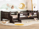 Twin Size Floor Bed with Storage Bookcases, Solid Wood Kids Floor Bed with Cute Stairs and W1580P390217