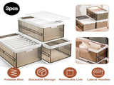 3 Pack Foldable Stackable Plastic Storage Bins with Removable Lids & Side Handles, Transparent Dark 93084240