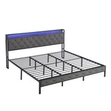 King Bed Frame Storage Headboard, Charging Station and LED Lights, Upholstered Platform Bed 18121287
