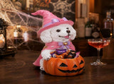 Halloween White Teddy Puppy Figurine, Witch Dog Holding Pumpkin Candy Bowl Decoration 01838696