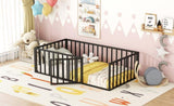 ZUN Twin Size Metal Floor Bed Frame with Fence and Door, Black 72444433