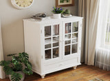 Minimalist White Buffet Cabinet with Double Glass Doors and Drawer, Modern Wooden Storage Sideboard W2557P189574