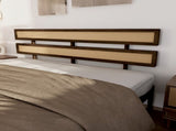 Dark walnut wood painted finish rattan and pine wood double headboard King size bed, Bohemian 01800575